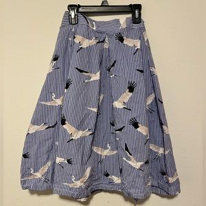 VINTAGE crane bird blue striped pleated midi skirt